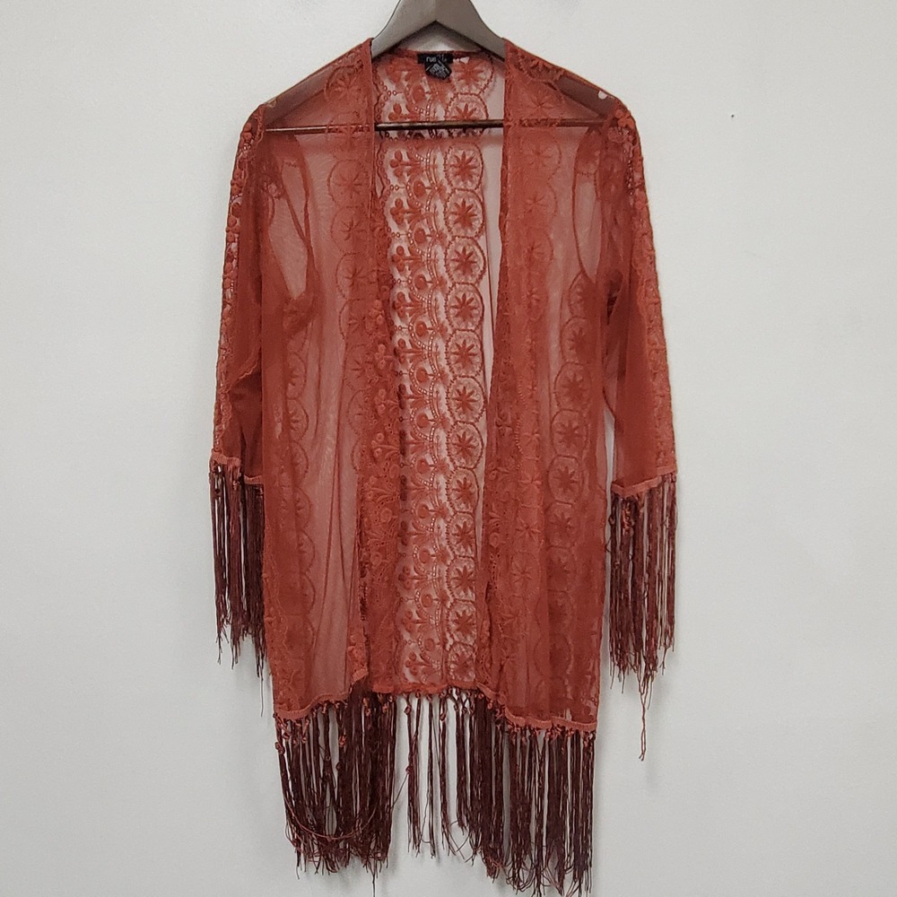 Rue 21 Y2K Sheer Fringe Kimono Size S Whimsigoth Boho Rust Orange Festival Long